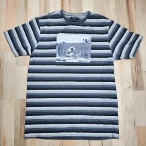 Pink Dolphin Black Gray White Striped Short Sleeve Tee Shirt Size Large